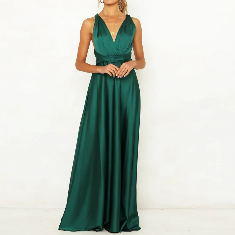 Сатиновое Макси платье с v образным вырезом и длинными лямками поясом Летний