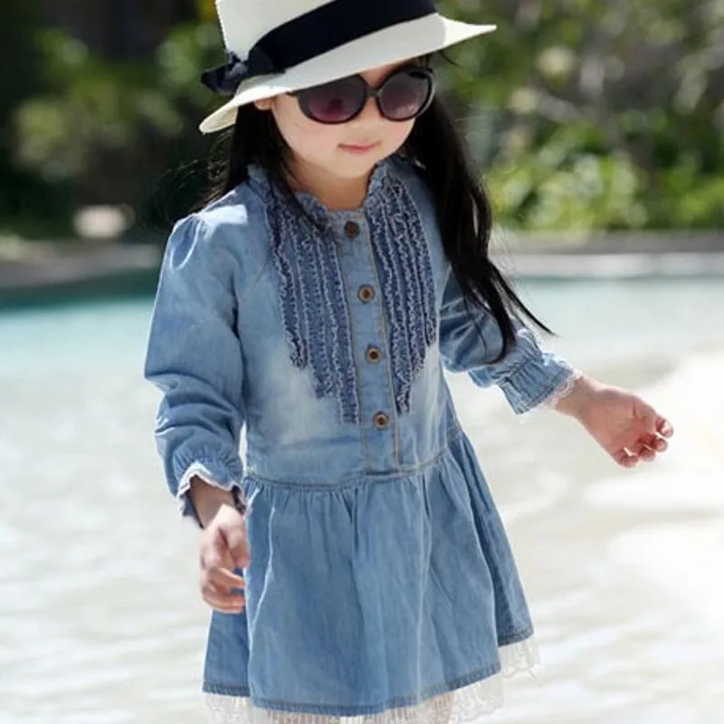 New Spring &amp Autumn High quality Girl Kids Dress Lovely Denim Blue Beautiful Lace Cowboy Clothes Long Sleeve Casual baby | Детская