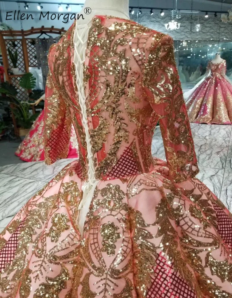 Saudi Arabian Long Sleeve Evening Dresses Glitter Pink Ball Gowns Pageant Miss Sheer V Neck Lace up Formal Event Dress Party2019 | Свадьбы и