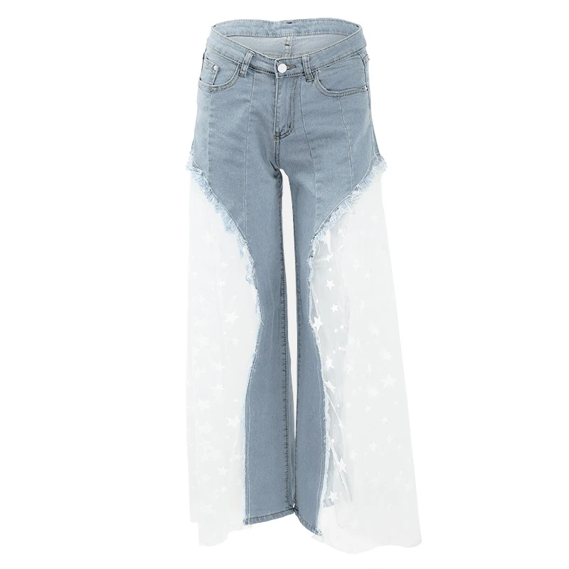 Сексуальные Женщины Широкие Штаны Ноги Sheer Mesh Star Print Splice Джинсовые Брюки Высокой Талией Случайные Свободные Брюки Джинсы Модные Брюки - Цвет: Синий