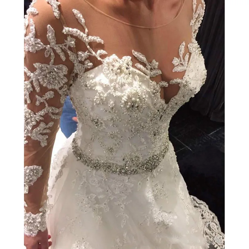 

Newest Appliqued Lace Tulle Wedding Dresses 2019 Button Back Beaded Belt Long Sleeve Chapel Train Bride Dress