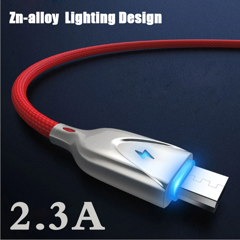 

2.3A Zinc Alloy Micro USB type-C Cable LED Light Fast Data Charging Charger Wire Cord Mobile Phone Cable