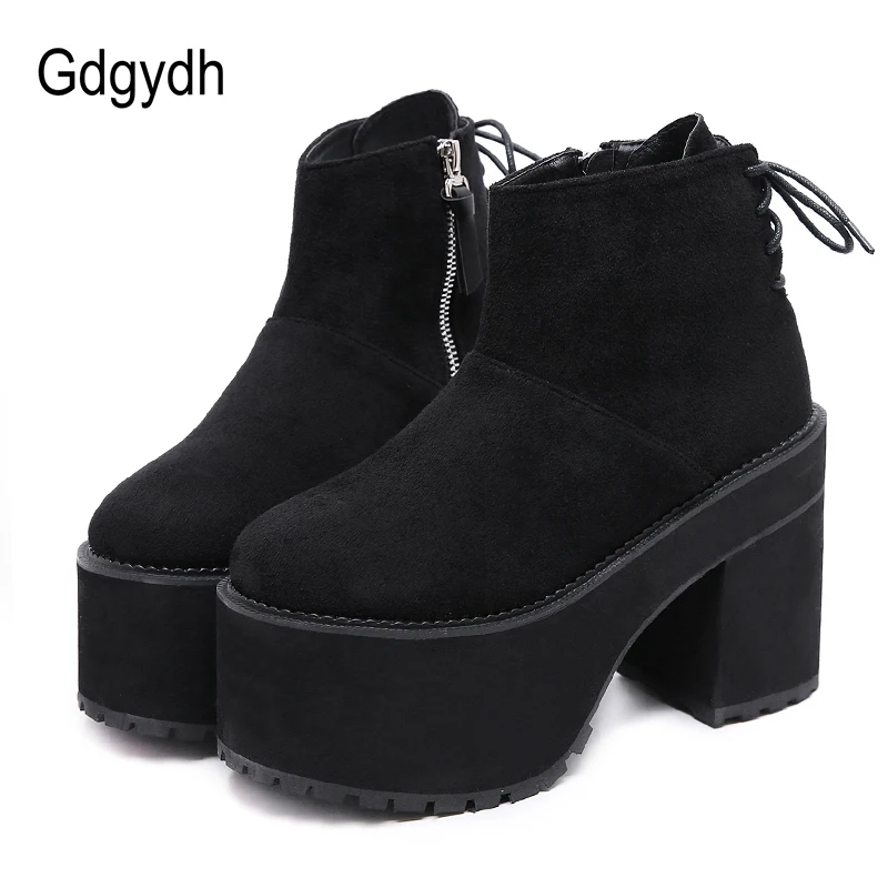 Gdgydh Fashion Thick Heels Black Boots Women Heel Ankle Platform Brand Designer Flock Ladies Shoes For Party Footwear | Обувь