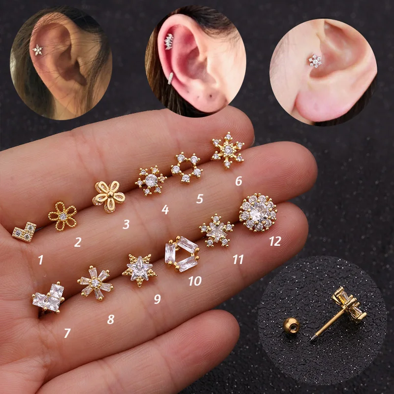 

1Pc Flower Heart Crown Snowflake Cz Ear Studs Helix Piercing Cartilage Earring Conch Rook Tragus Stud Ear Piercing Jewelry