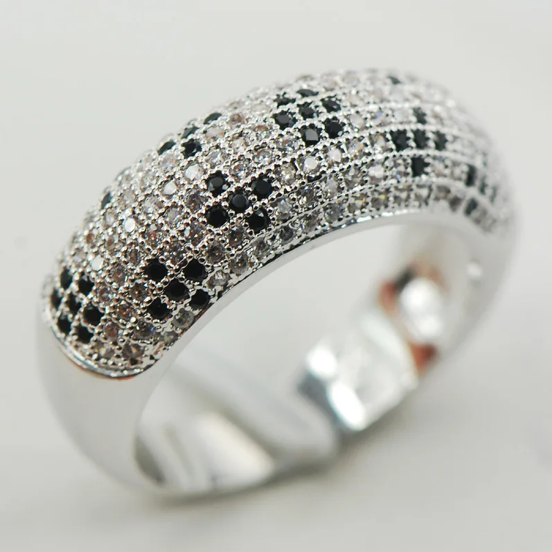 

White Black Crystal Zircon 925 Sterling Silver Micropave Ring Size 6 7 8 9 10 A23