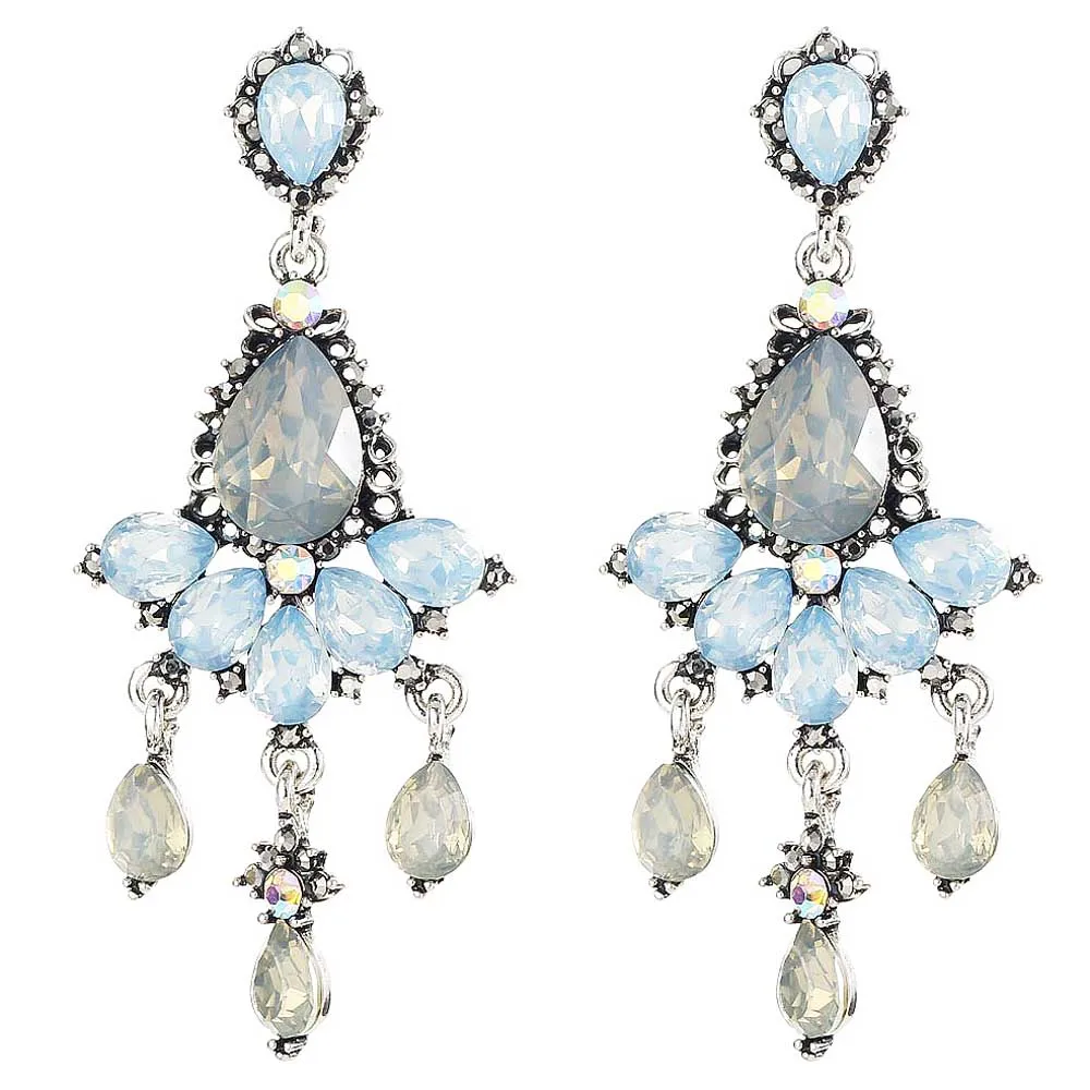 YaYi синие белые стеклянные черные стразы Подвески Висячие серьги женские модные старинные серебряные Серьги с драгоценными камнями для женщин E1131