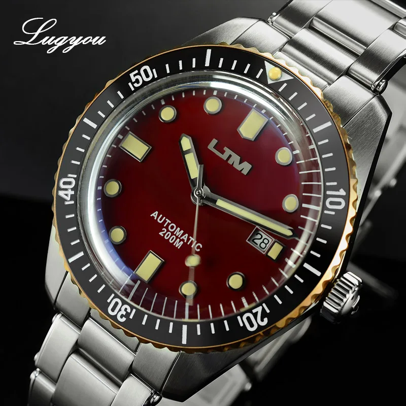 Lugyou San Martin Sea Master Diver Мужские часы автоматические нержавеющая сталь Бронзовый ободок металлический браслет вращающийся супер свечение 20 атм - Цвет: Red PT5000