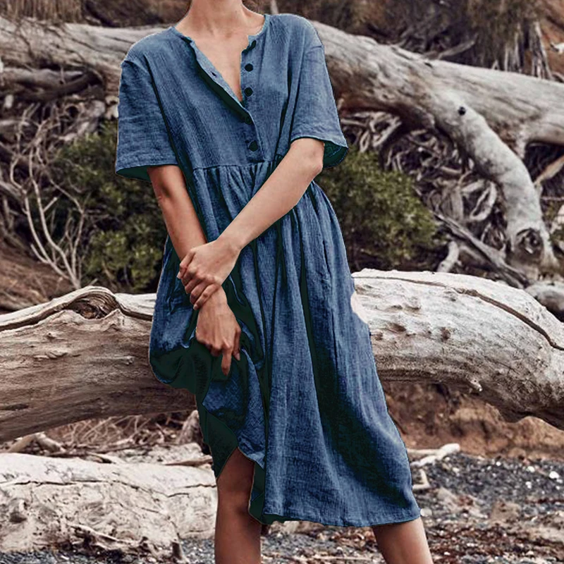 Свободное богемное платье большого размера с круглым вырезом женское однотонное