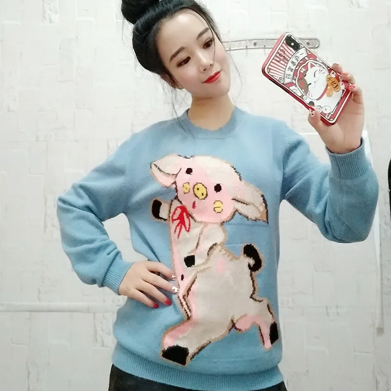 Cute Pig Cartoon Jacquard Knitted WOmen Sweater 2019 Brand Designer Long Sleeve Round Neck Knit Top Female Causal Loose Pullover | Женская