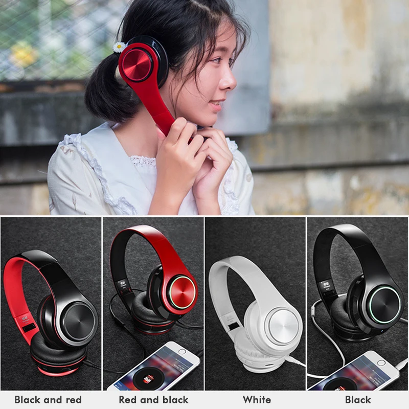 Беспроводные Bluetooth наушники светящиеся с микрофоном шумоподавлением MP3 плеер для