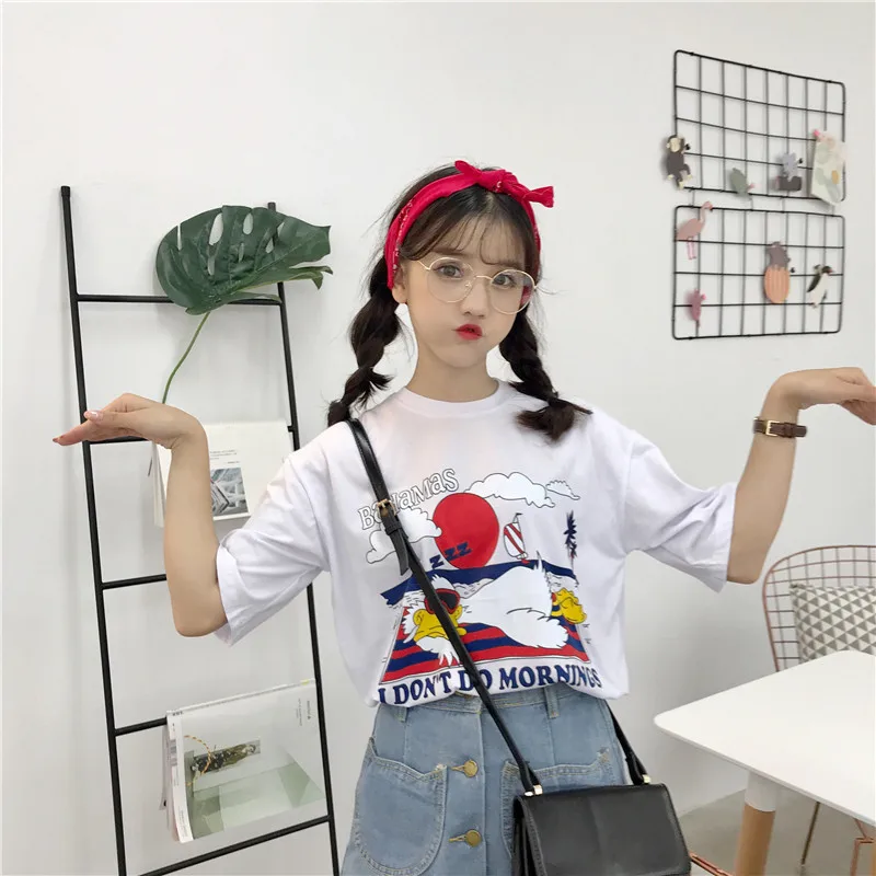

2018 Summer Short Sleeve Tshirt Cartoon Tees Cotton Casual Tee Female Loose Young Tops White HOT Couples Tee elastic T Lovely