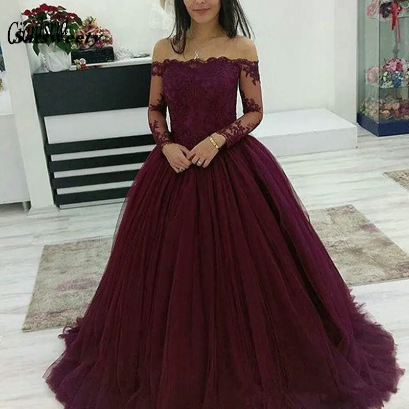 

Burgundy Long Sleeve 2020 Ball Gown Prom Dresses Boat Neck Off The Shoulder Appliques Lace Prom Party Dresses vestido de festa