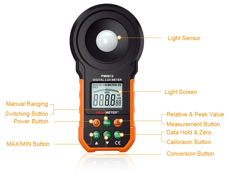 Peakmeter MS6612(0.01lux/0.01FC разрешение) цифровой светильник Lux Lumenmeter Lux/FC