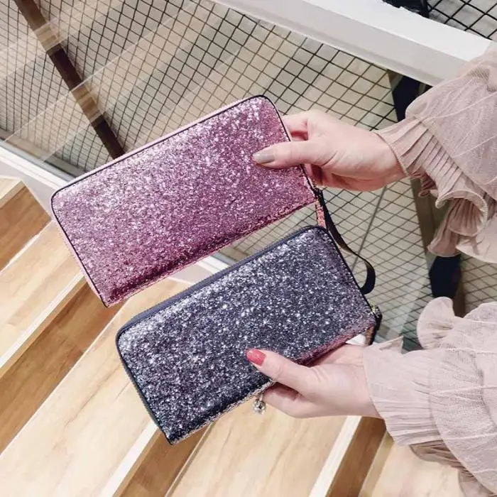 Hot Selling Women Long Wallet Sparkly Sequins PU Leather Bag Hand-held Phone Card Holder-B5