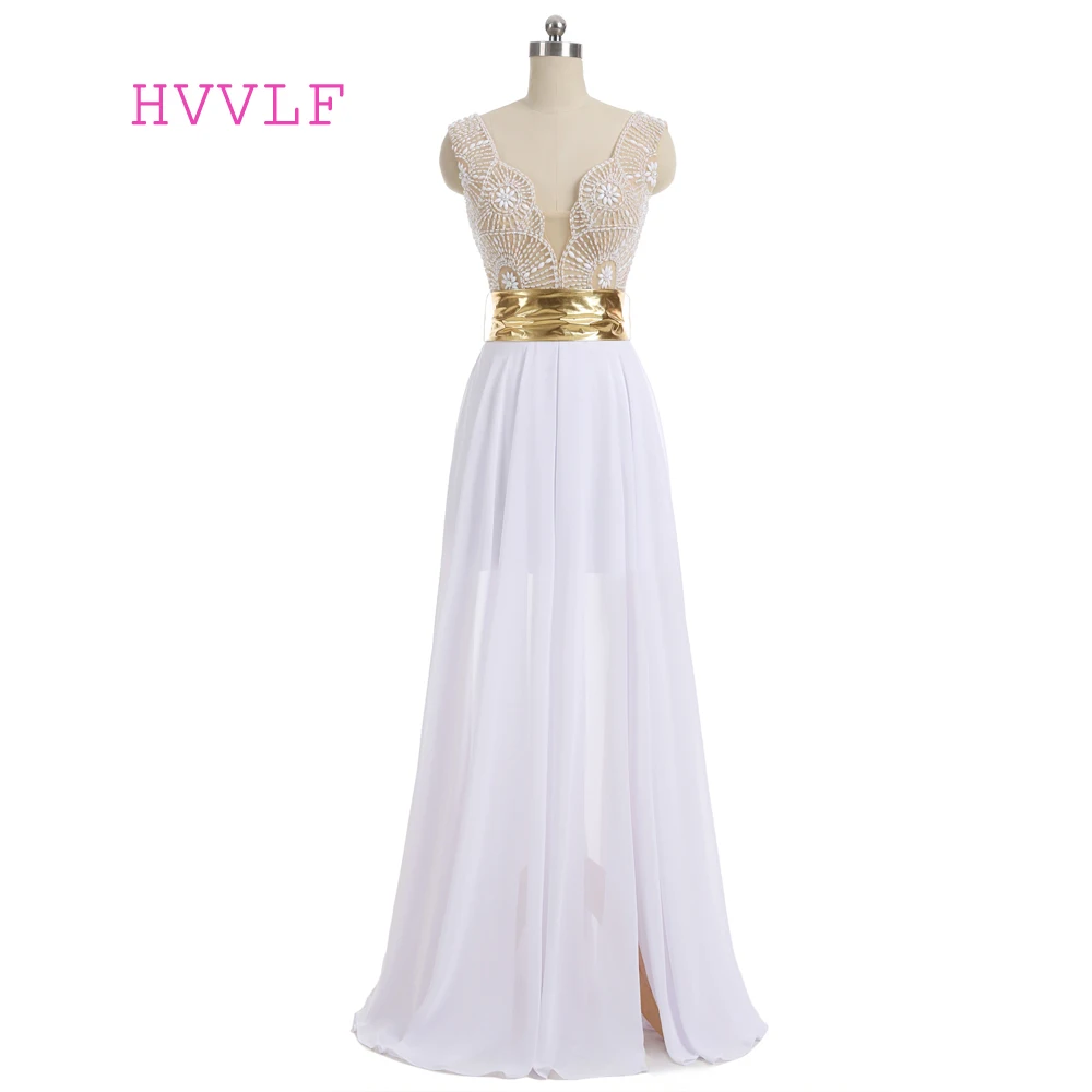 Белое шифоновое платье-трапеция до пола с V-образным вырезом и