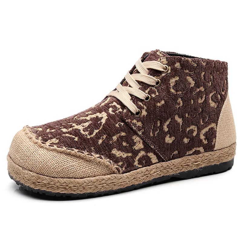 Fashion new leopard print women's shoes round head handmade straw thick-soled in the ancient style Hanfu women. | Обувь