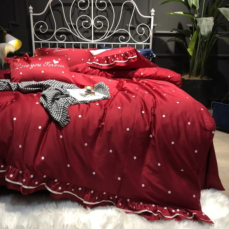 Red with white spots egyptian cotton luxury Bedding Set queen king size bed set Bedsheets linen Europe embroidery Duvet cover | Дом и сад