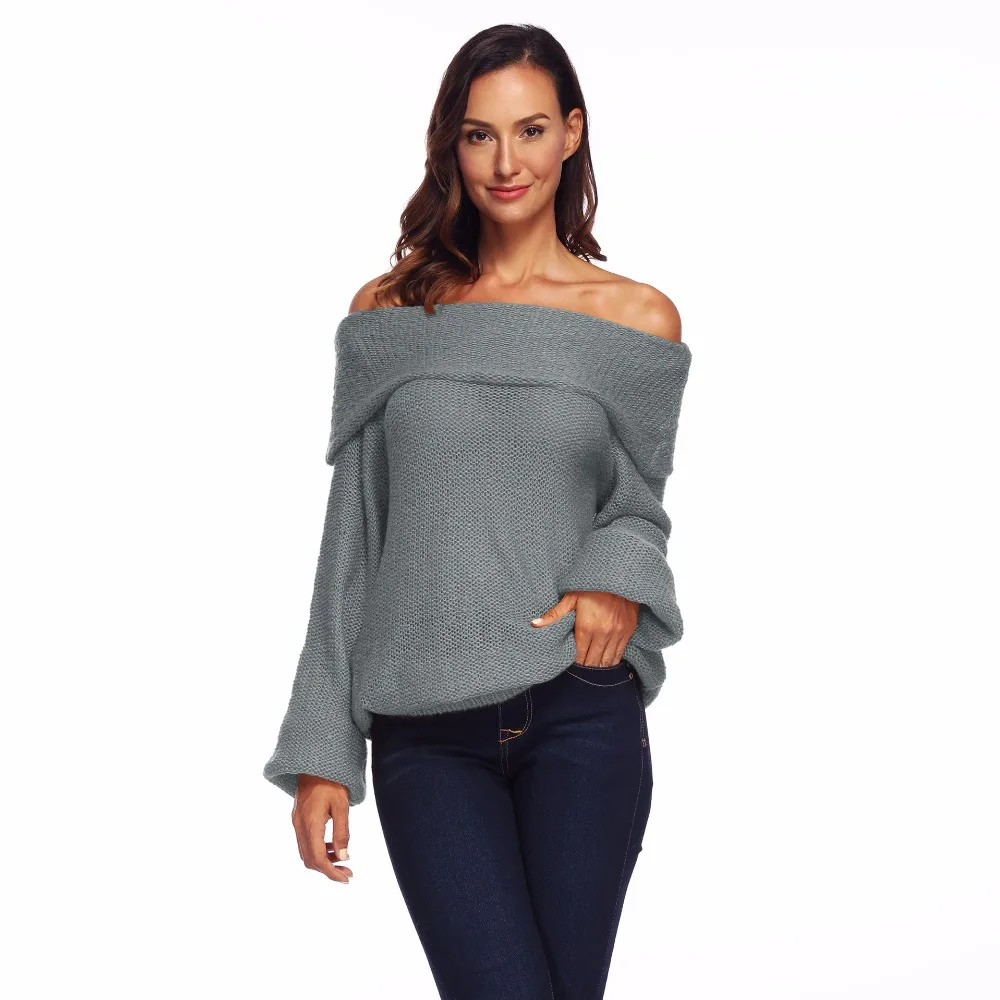 Ladies 2018 Autumn Hot New Sweater Long Sleeve Sexy Slash Neck Knit Loose Solid Pullovers Fashion | Женская одежда