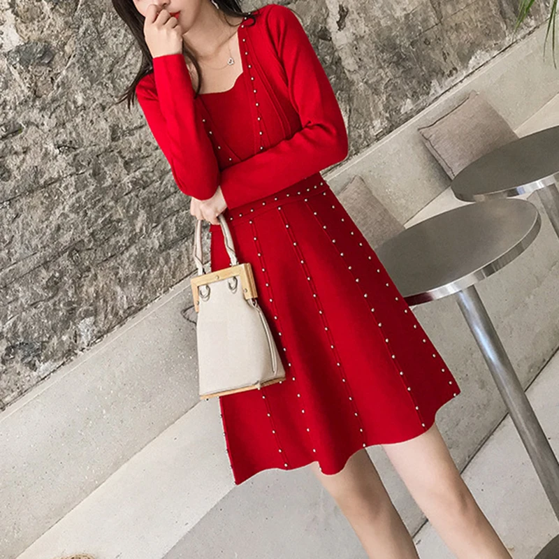 Возможно U винтажное красное черное вязаное платье с круглым вырезом и длинным