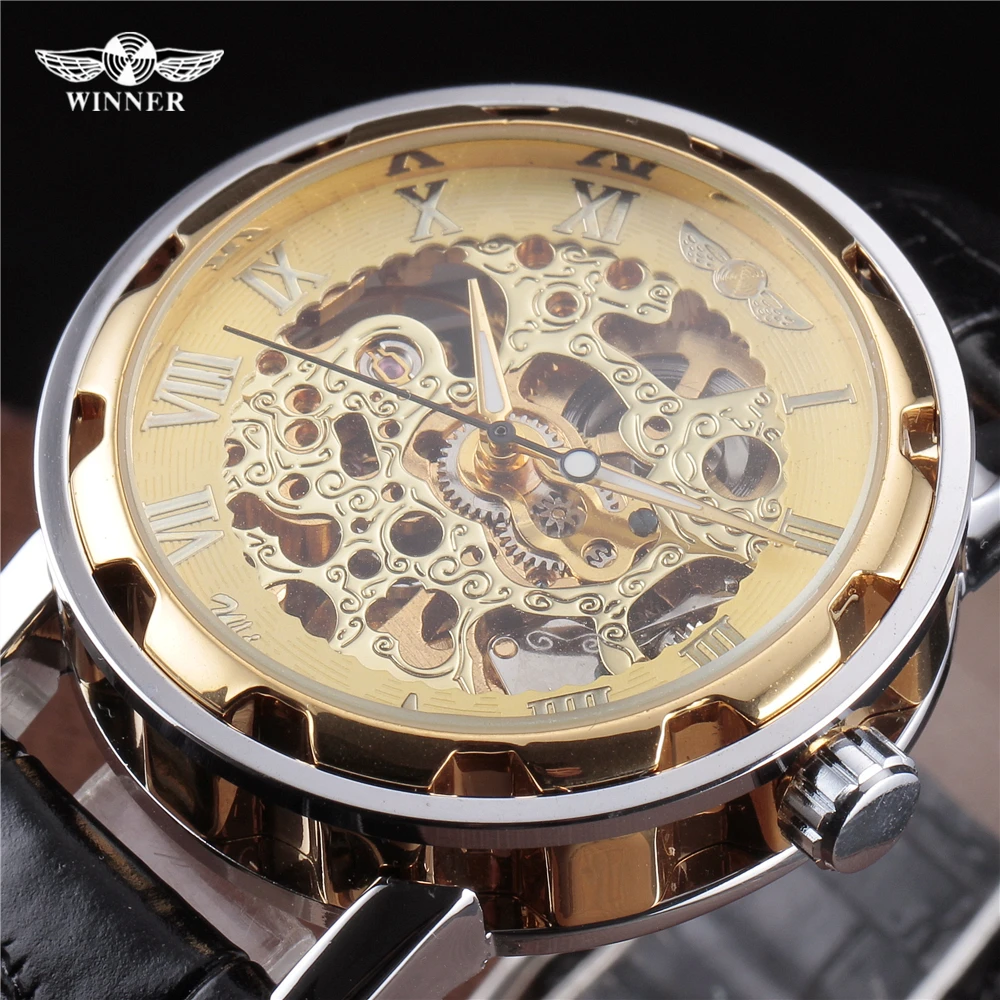 Winner Лучшая цена новинка мужские наручные часы скелетоны золотого цвета