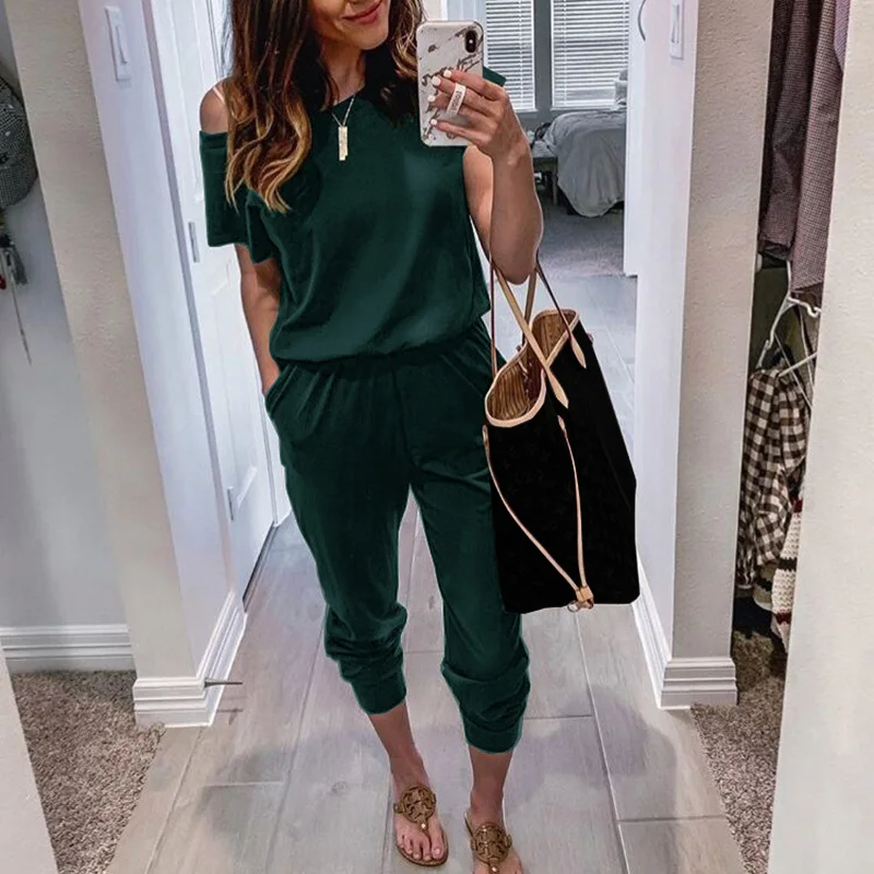 

Summer Women Short Sleeve Sexy Rompers Slim Jumpsuits Female Solid Streetwear Off Shoulder Jumpsuits SJ2813M
