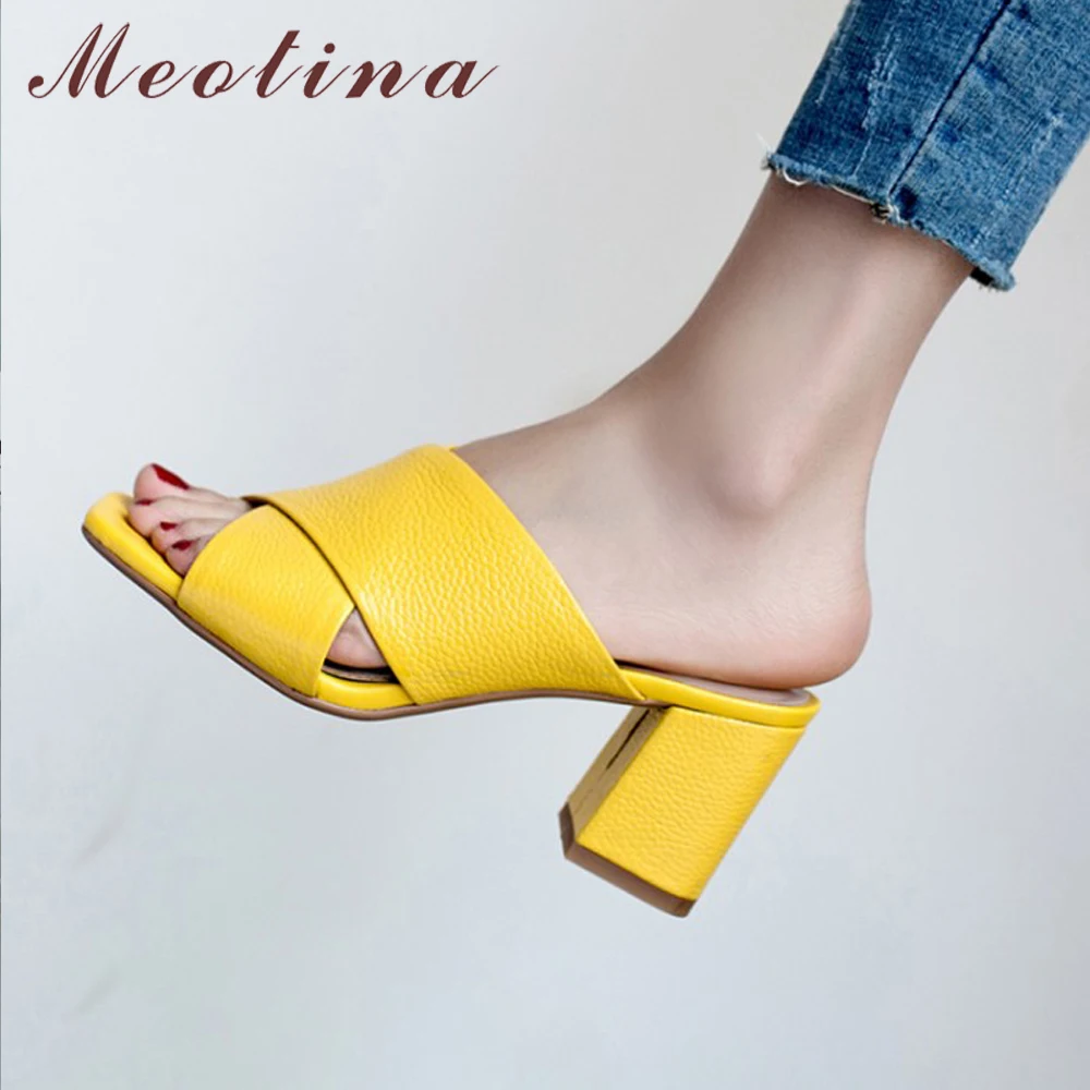 

Сланцы Meotina женские из натуральной кожи, босоножки из воловьей кожи на толстом высоком каблуке, летние сандалии с открытым носком, желтые, 33-42