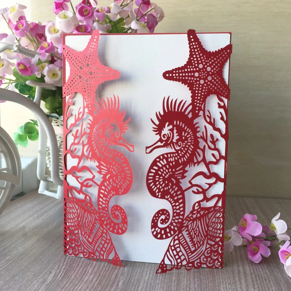 

30pcs/lot Hollow Laser Cut Sea Horse Pattern Colours Pearl Paper Fairy Tale Wedding Invitations Card Birthday Invitation Card