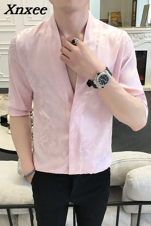 Розовые рубашки мужские шелковые Роскошные Camisa Social Masculina приталенные атласные