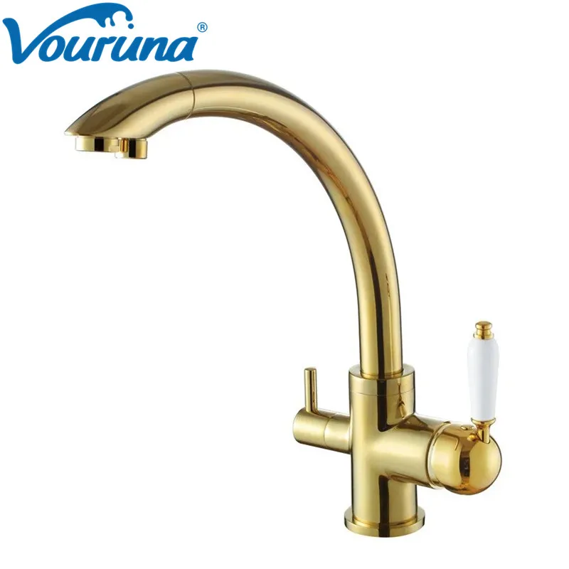 

VOURUNA Luxurious Golden Kitchen Faucet Tri Flow Sink Mixer RO Reverse 3 Way Water Filter Tap