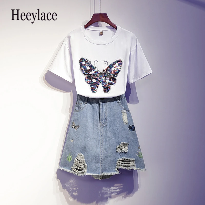 Летний джинсовый костюм размера плюс 2019 Женский комплект джинсовые шорты с