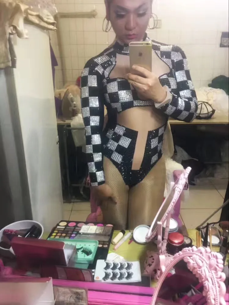 Women Sexy Printing Glisten Black White Lattice Bodysuit Party Prom Costumes Stage Wear Dance Nightclub Singer Rhinestone Outfit