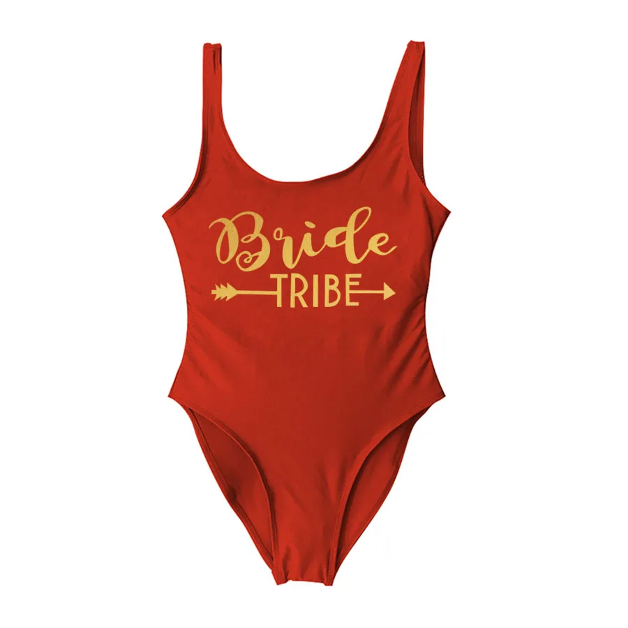 Bride Tribe Brick re Твердые Купальные костюмы Для женщин Одна деталь купальника надпись «Bride Tribe» спереди и сзади с принтом боди бакалавр бикини Вечеринка весело бра - Цвет: Bride Tribe Brick re