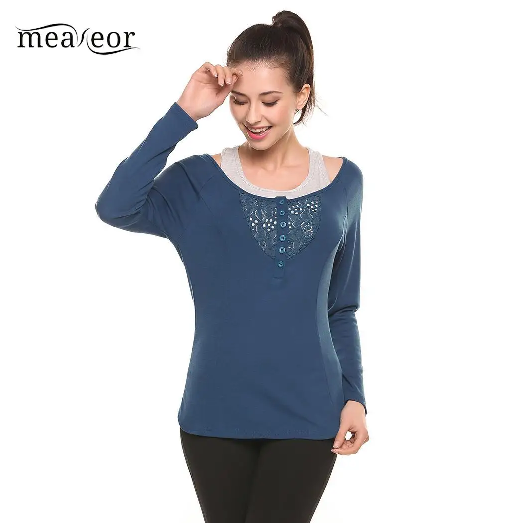 Meaneor Casual Women T-Shirts Top New Female Clothes O-Neck Long Sleeve Lace Shirts Hollow Out Patchwork T-Shirt with Solid Tank | Женская