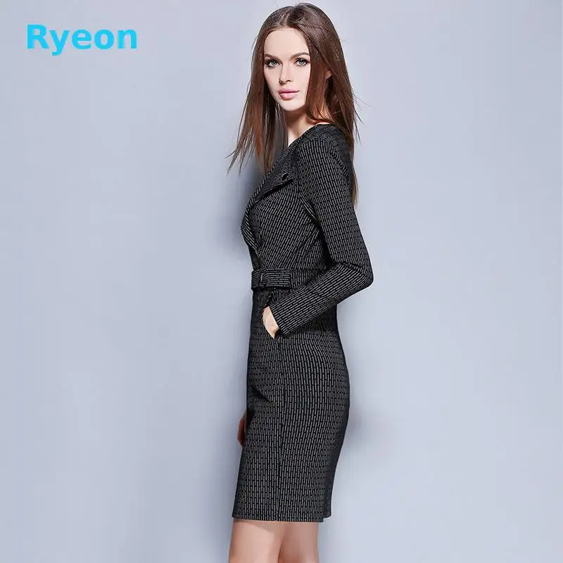 2016 European Ryeon Fashion Women Dress Turn-down Collar Slim Striped High Quality Simple Style Belt Free Shipping | Женская одежда