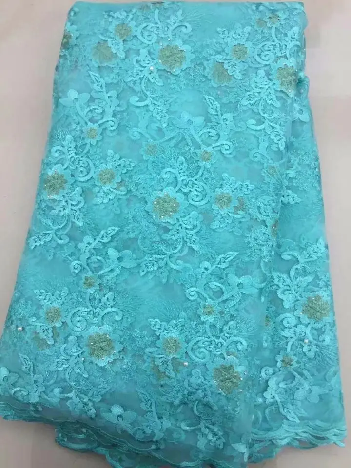 

5 Yards/pc Nice looking sky blue french net lace with flower embroidery african mesh lace fabric for dress LN8-2