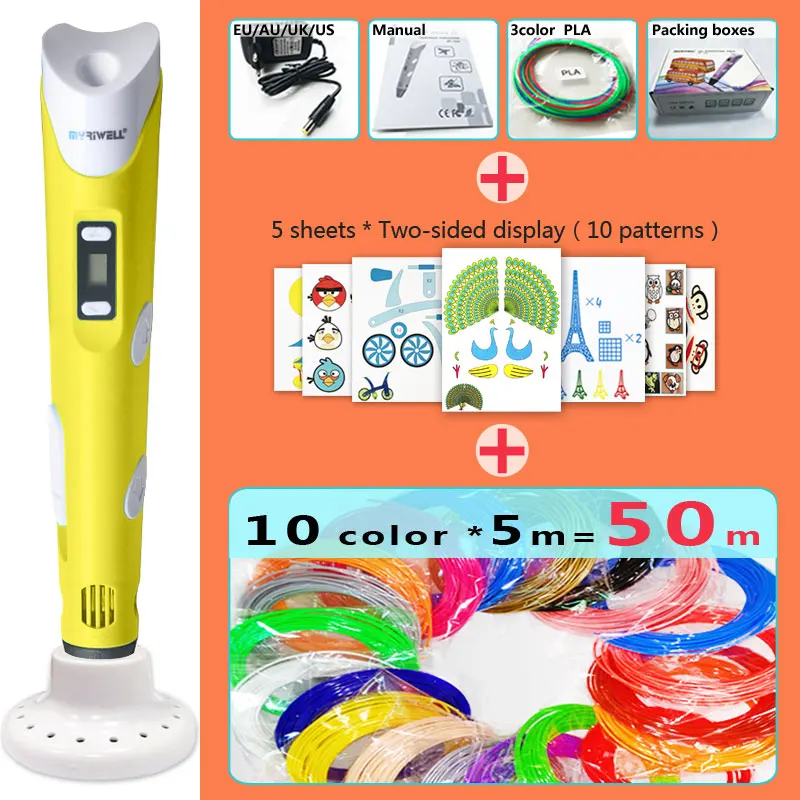 Myriwell 3d ручки, светодиодный дисплей, ABS/PLA нити, 3 d ручка, Smart3d ручка с принтом, лучший подарок для детей, 3d-ручка с 3d принтом - Цвет: Yellow pen Package 4