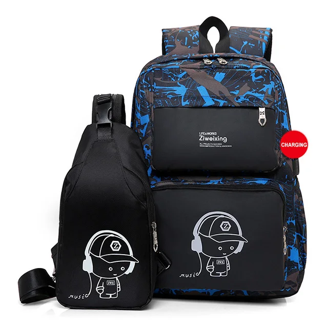 2pc blue Школьные сумки большой емкости унисекс рюкзак для мальчиков и девочек водонепроницаемый Детский Школьный Рюкзак Студенческая Повседневная дорожная сумка рюкзак - Цвет: 2pc blue