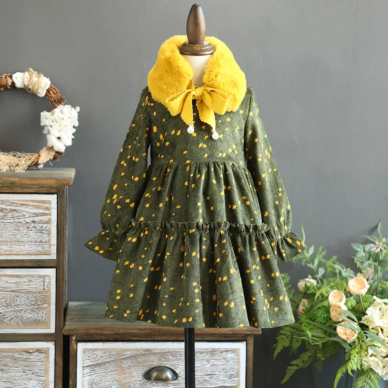 Платье для девочек Осень-зима 2017 новое платье с цветочным рисунком бархатное