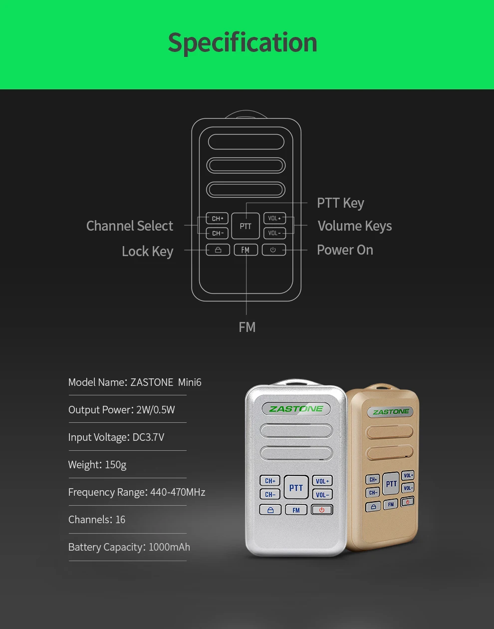 2 шт./лот мини портативной рации ZASTONE Mini6 Портативный рация 2 W 16CH 1000 mAh UHF 400-470 МГц двусторонней радиосвязи КВ трансивер