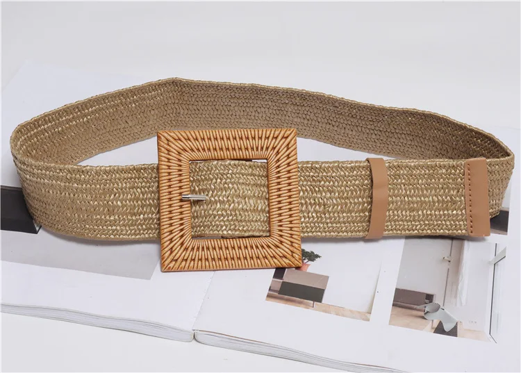 Brand New Fashion Sexy Women Round Elastic Belts Casual Girl Square Wooden Buckle Straw Belt Braided Woven Waistband Hot Sale - Цвет: Белый