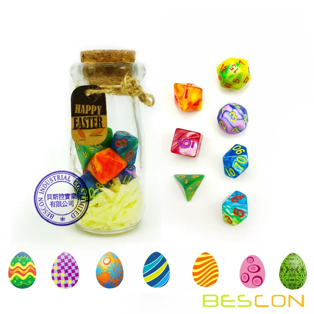 Пасхальные кости Bescon многогранные 7 шт. набор для ролевых игр в стеклянной банке