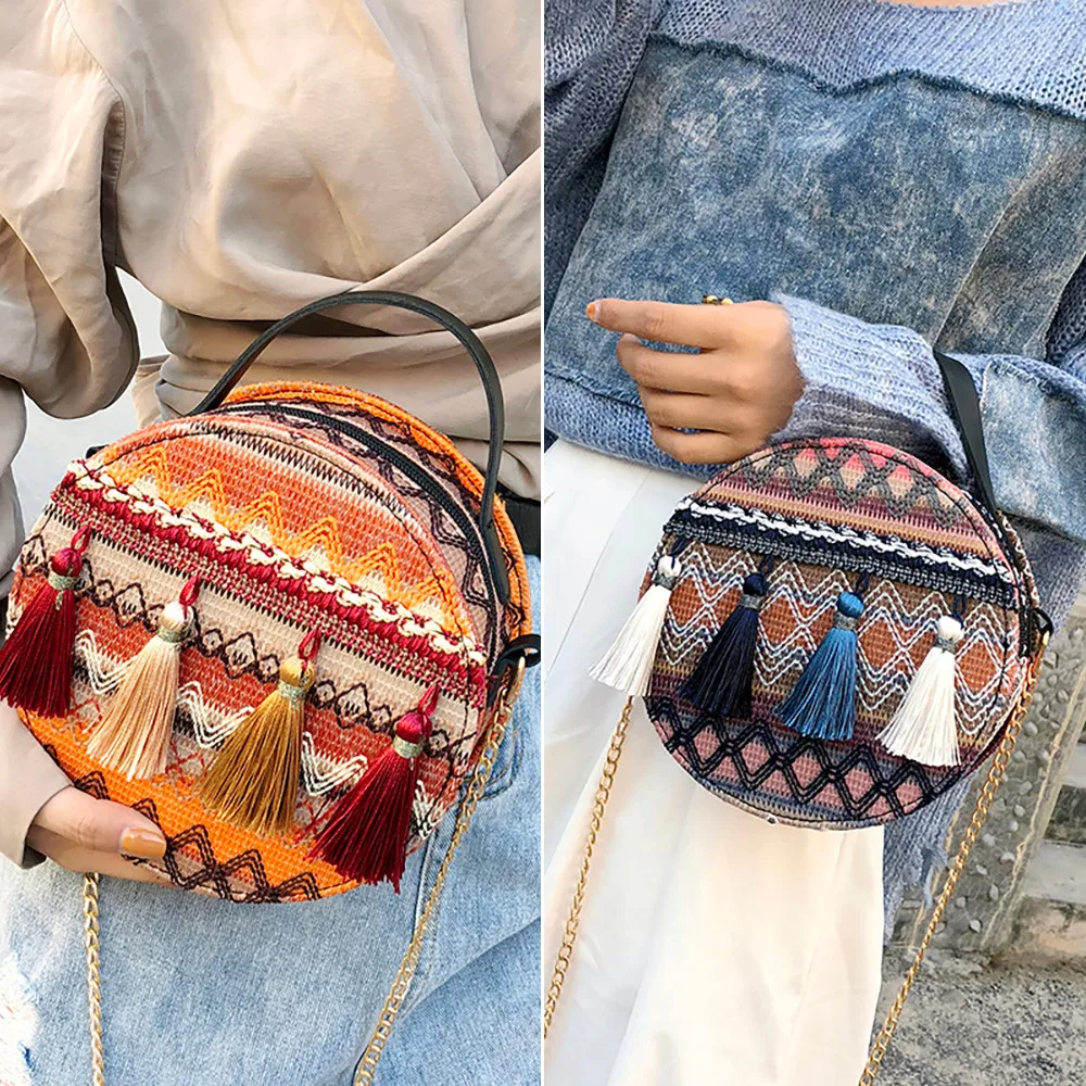 

Women Bag Ins super fire national wind portable chain small round tassel packet sac main femme torebka damska shopper