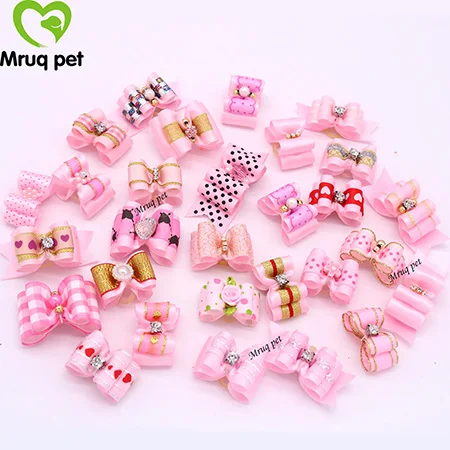 Pink 20 шт. милые банты для собак, стразы и цветы, ленты, банты для собак, аксессуары для волос, товары для собак - Цвет: Pink