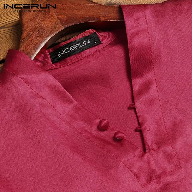 INCERUN Plus Size Silk Satin Men Payamas Sleep Tops Long Sleeve V-neck Tee Shirt Solid Color Fashion Homewear Soft Men Sleepwear