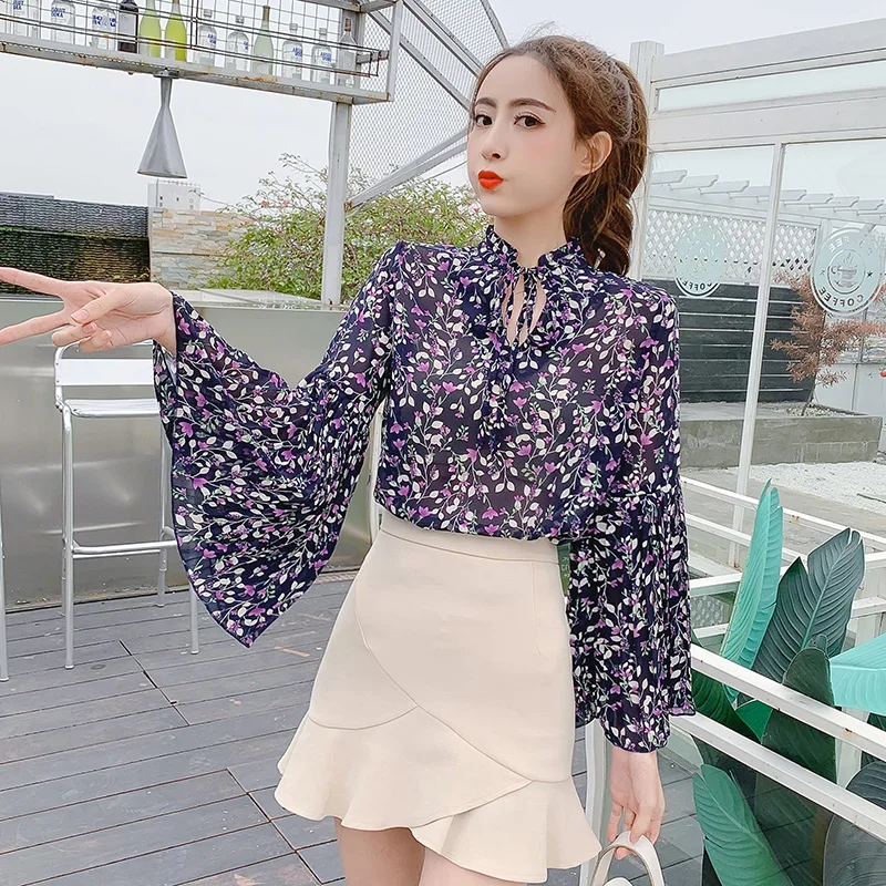 OllyMurs 2019 New Spring Summer Women Flare Sleeve Chiffon Shirts Woman Vintage Floral Printed Blouses Fashion Elegant Sexy Tops | Женская