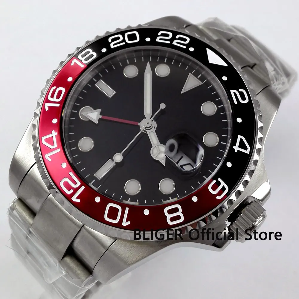 Люксовый бренд BLIGER 40 мм черный циферблат функция GMT нержавеющая сталь сапфировое
