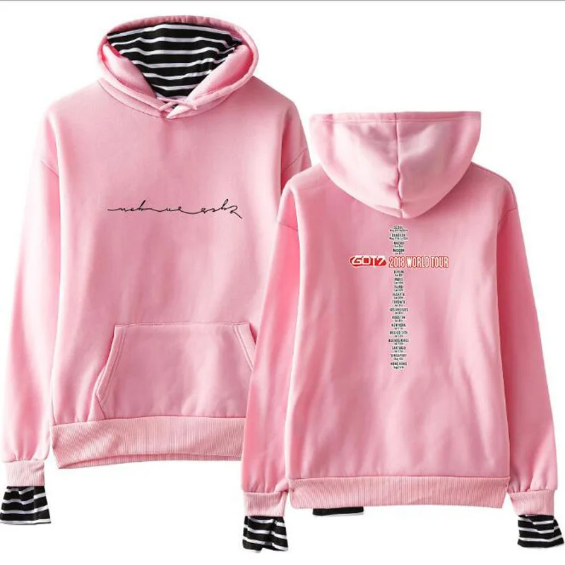 

Korean Fashion KPOP GOT7 Present You Album Pullovers Hoodies and Sweatshirts Women Striped Patchwork Fake Two Pieces tracksuit
