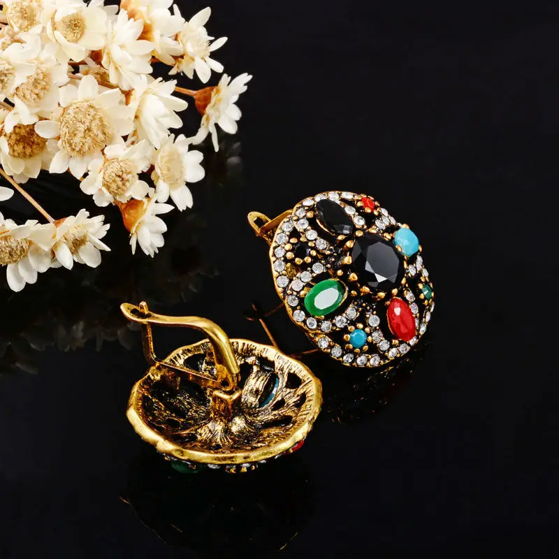 Женские серьги гвоздики в индийском стиле круглые черные полимерные богемном