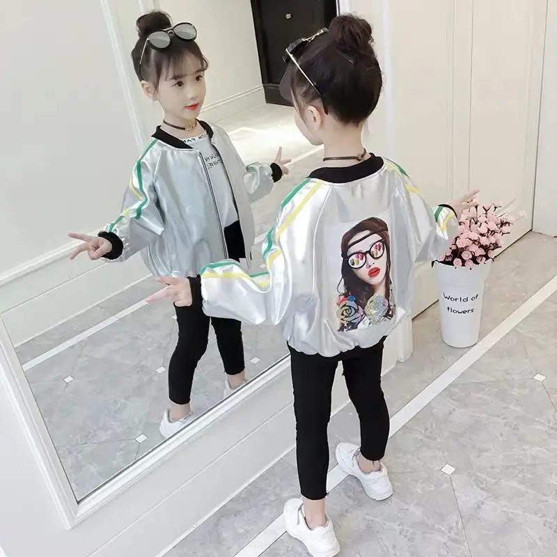 silver INS/Лидер продаж, куртка для девочек от 3 до 13 лет, веревочные браслеты с круглым вырезом, бейсбольная форма, красивое весенне-осеннее пальто Золотое и Серебряное - Цвет: silver