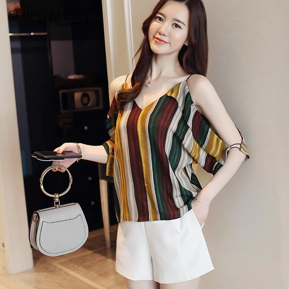 Shinybling Sexy Off Shoulder Shirt Women Summer Blouses Top Fashion Stripe Offiice Lady Casual Loose Chiffion Shirts Elegant |